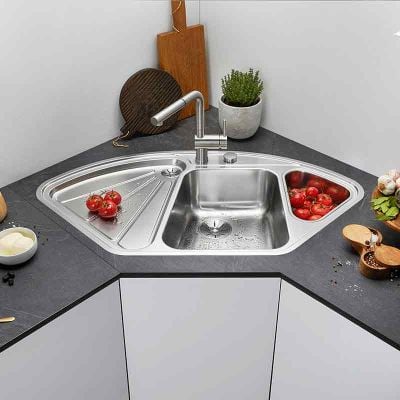 Blanco DELTA-IF 1.5 Bowl Inset Silgranit Corner Kitchen Sink with Remote Control InFino Drain System - Satin Polish - 523667