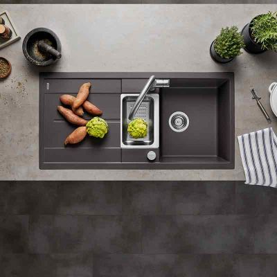 Blanco METRA 6 S 1.5 Bowl Inset Silgranit Reversible Kitchen Sink with Drain Remote Control - Rock Grey - 518877 Lifestyle