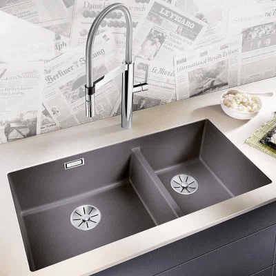Blanco SUBLINE 480/320-U LH 2 Bowl Undermount Silgranit Kitchen Sink with Manual InFino Waste - Rock Grey - 523585 Lifestyle