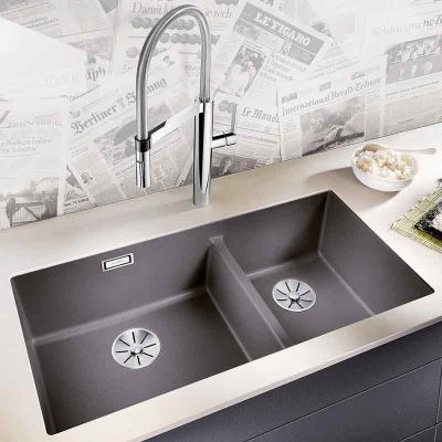 Blanco SUBLINE 480/320-U LH 2 Bowl Undermount Silgranit Kitchen Sink with Manual InFino Waste - Alumetallic - 523586 - DISCONTINUED