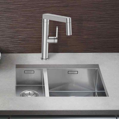 Blanco ZEROX 340/180-U RH 1.5 Bowl Undermount Stainless Steel Kitchen Sink with Manual InFino Waste - Satin Polish - 521614