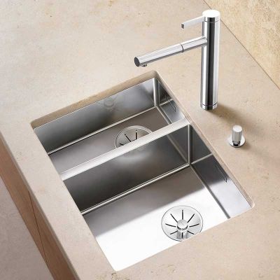 Blanco CLARON 340/180-U 1.5 Bowl Undermount Stainless Steel Kitchen Sink with Manual InFino - Satin Polish - 521609