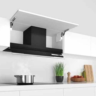 Bosch Series 6 DBB97AM60B 90cm Integrated Cooker Hood - Black - Mounted Open Panel Front Side View