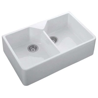 Rangemaster Classic Double Bowl Belfast Ceramic Kitchen Sink - White - CDB800WH/