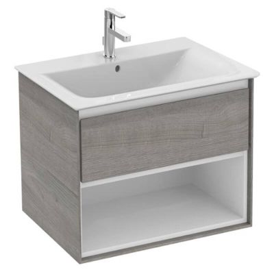 Ideal Standard Connect Air 600mm Wall Hung Vanity Unit 1 Drawer With Open Shelf - Wood Light Grey & Matt White - E0826PS