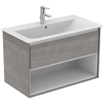 Ideal Standard Connect Air 800mm Wall Hung Vanity Unit 1 Drawer with Open Shelf - Wood Light Grey & Matt White - E0827PS