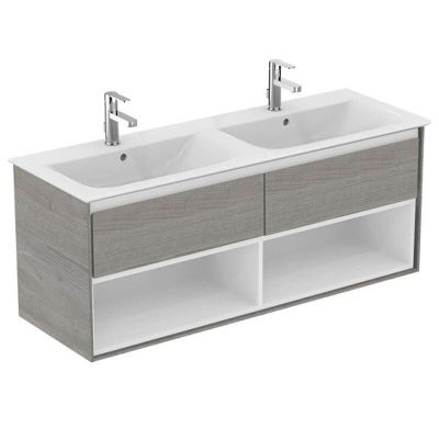 Ideal Standard Connect Air 1200mm Wall Hung Vanity Unit 2 Drawer With Open Shelf - Wood Light Grey & Matt White - E0829PS