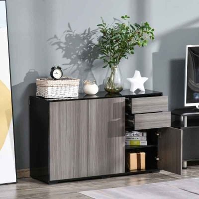 Homcom High Gloss Sideboard Storage Unit With 2 Drawers - Grey - 838-077