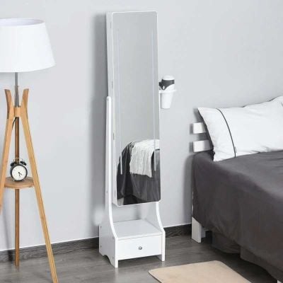 HOMCOM Touch Control Free Standing Mirror Jewellery Storage Cabinet with LED Lights - White - 831-325