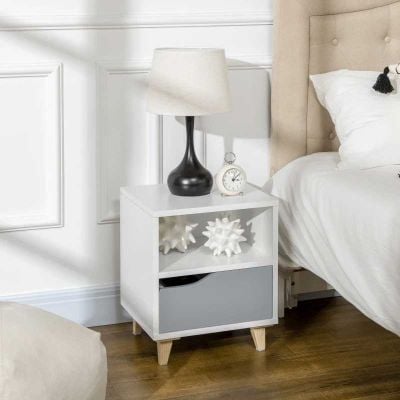 HOMCOM Modern Bedside Table with Shelf & Drawer - White & Grey - 831-528WT