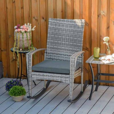 Outsunny Rattan Garden Rocking Chair With Cushion - Light Grey - 841-146LG