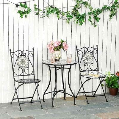 Outsunny 3 Piece Mosaic Tile Bistro Set Table and Folding Chairs - Grey - 84B-525