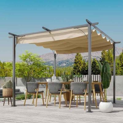 Outsunny 3 x 3m Outdoor Metal Retractable Pergola Canopy - Black & Beige - 84C-093