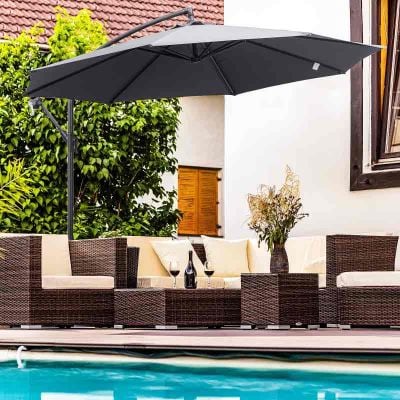 Outsunny 3m Banana Hanging Cantilever Parasol with Crank Handle and Cross Base - Grey - 84D-096GY