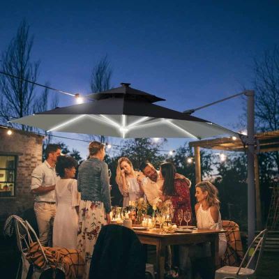 Outsunny 3m Cantilever Parasol with Solar Lights Power Bank Base 360° Spin - Dark Grey - 84D-109V01CG 