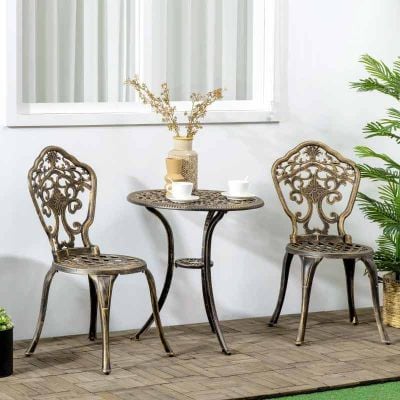 Outsunny 3 Piece Cast Aluminium Bistro Set with Parasol Hole - Bronze - 84G-042V00BN