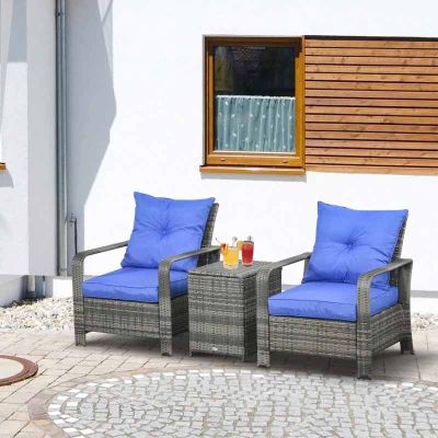 Outsunny 2-Seater PE Rattan Garden Seating Set with Padded Chair - Blue- 860-111V71BU