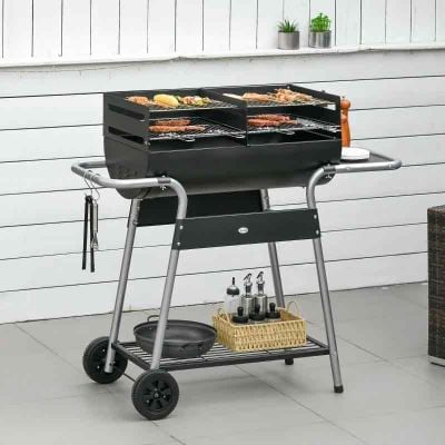 Outsunny Charcoal Double Grill BBQ Trolley With Side Table & Storage Shelf - Black - 846-107V00BK