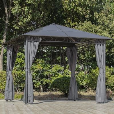 Outsunny Hardtop Garden Gazebo with Curtains 3000x3000mm - Grey - 84C-212