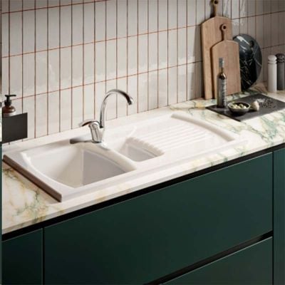 Thomas Denby Sonnet 1.5 Bowl Reversible Ceramic Kitchen Sink 1.5 Bowl & Drainer - Champagne - SO15BCH