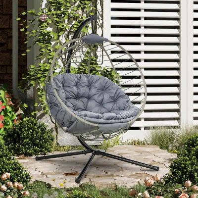 Outsunny Round PE Rattan Hanging Egg Chair - Grey - 84A-265V70GY